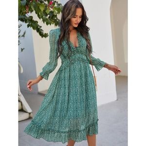 Long sleeve leopard Print Frill v neck midi Dress green